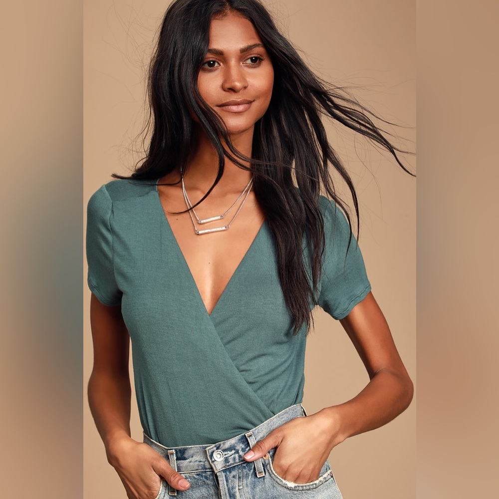 Lulus Marren Slate Blue Short Sleeve Surplice Bodysuit Size Small - Never worn!